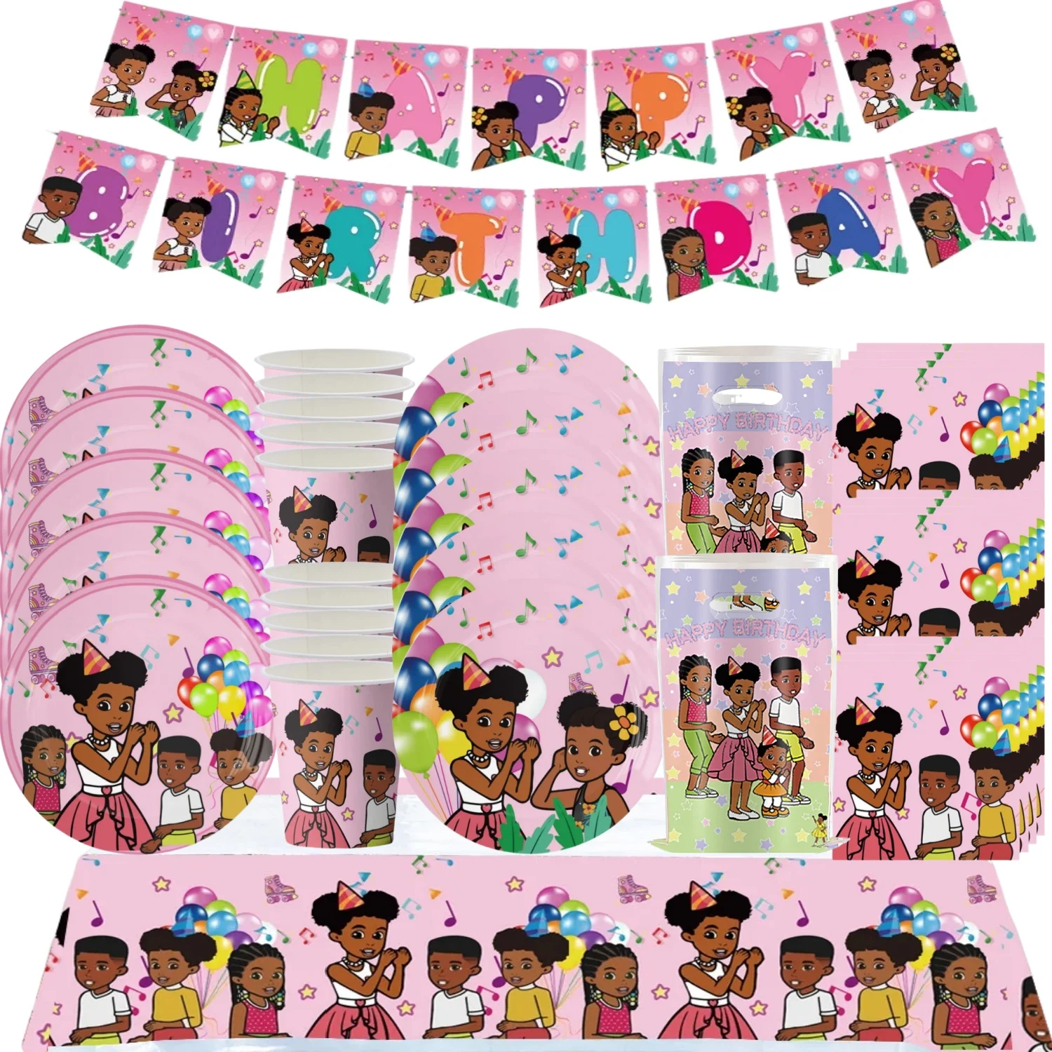 

Gracie Corne Birthday Party Decoration 20pepole Disposable Tableware Black Girl Tablecloth Plate Kids Girls Favor Party Supplies