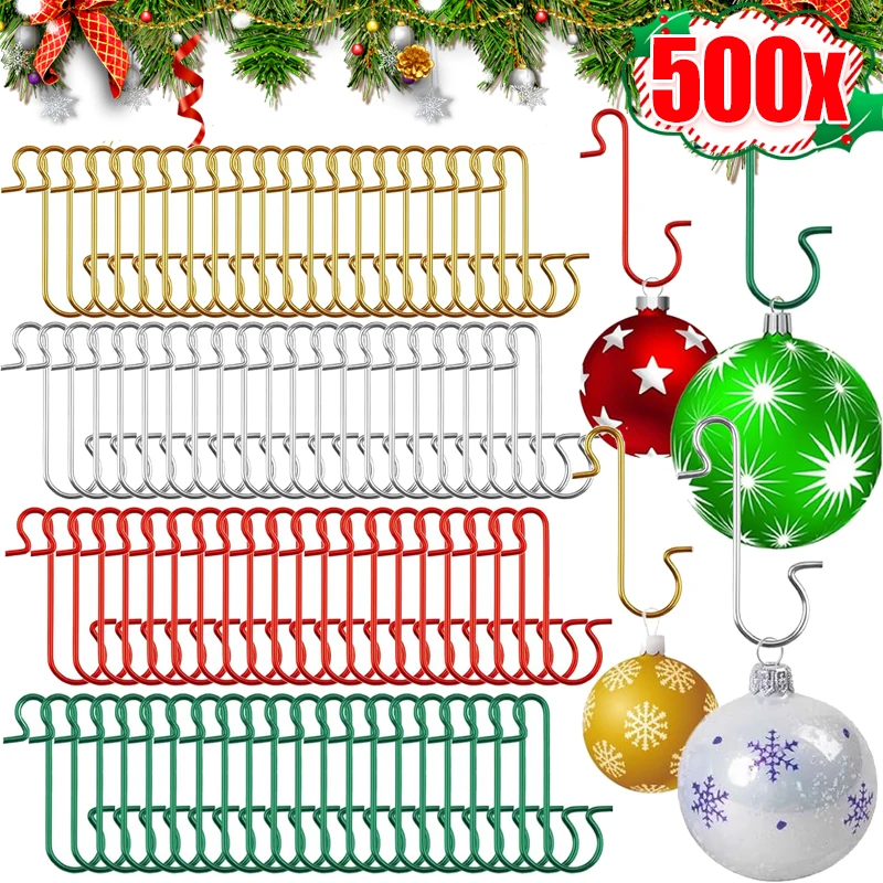 500/50Pcs Christmas Ornament Hooks Metal S-Shaped Hanger Hooks Christmas Tree Balls Hanging Pendant Home New Year Decorations