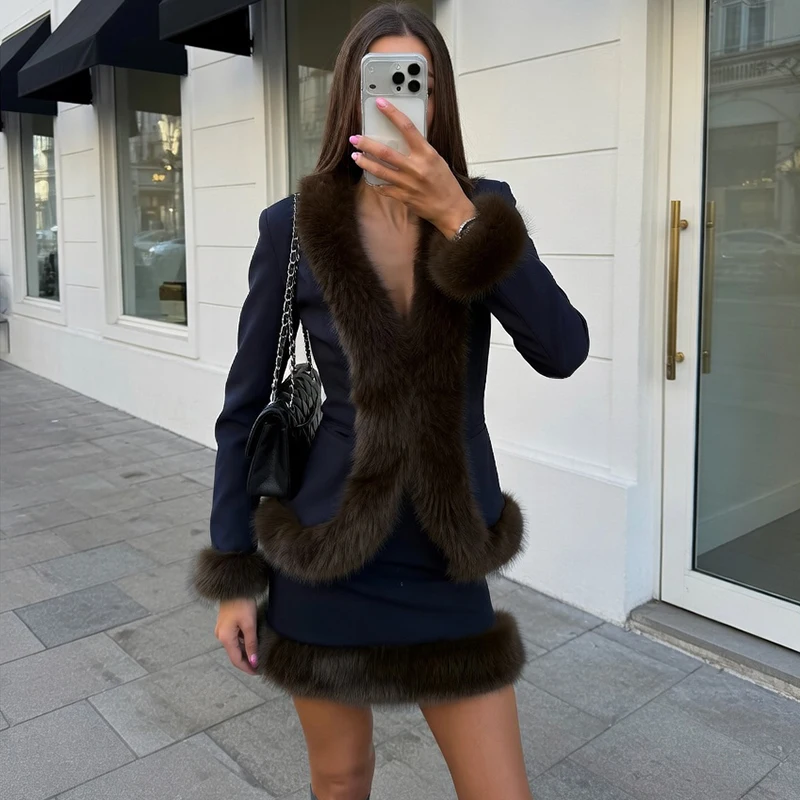 Tornova Women's Fur Splice Skirt 2 Piece Set Fashion Retro Slim Shawl Top Straight Long Skirt Autumn Winter New 2026 Female Suit