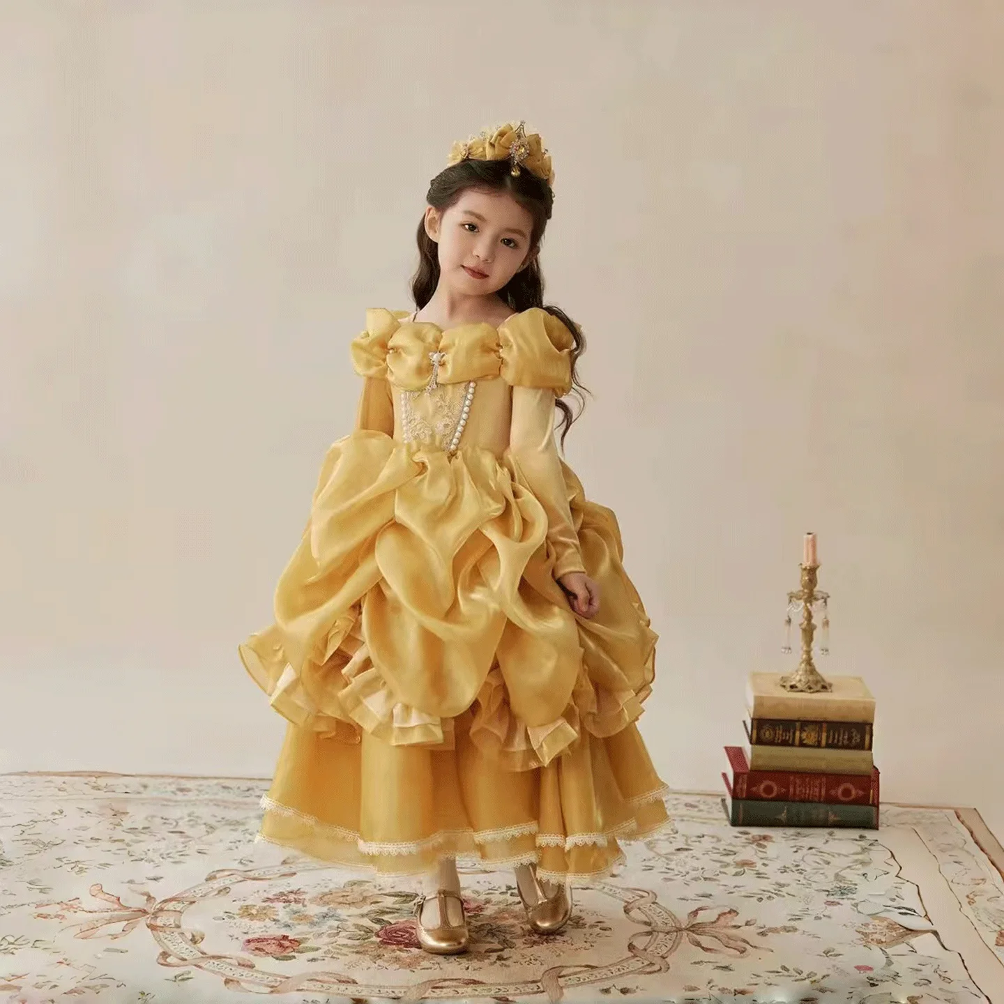 Jill Wish J878 Luxury Yellow  Satin Princess Dress Long Sleeve Ruffles Ball Gown Kids Birthday Party Wedding Flower Girl Dress