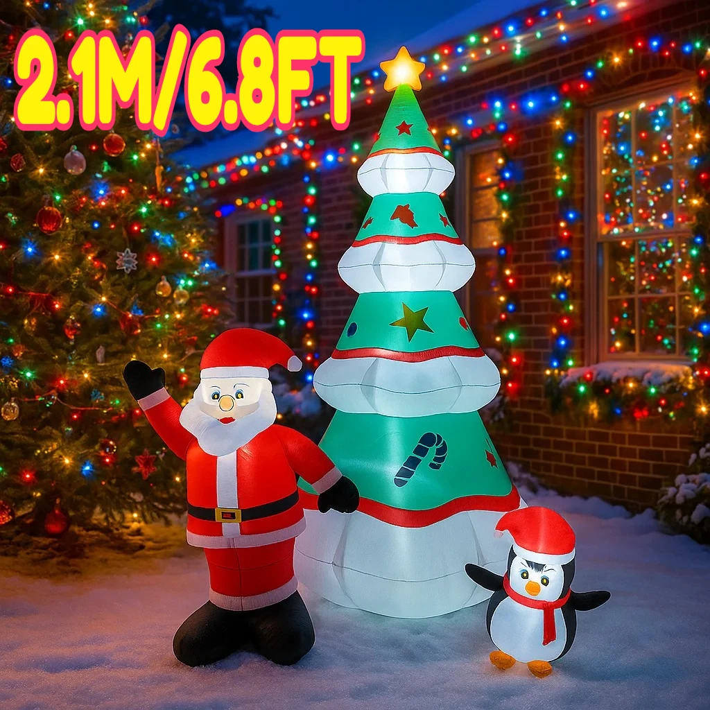 2.1M/6.8FT Inflatable Santa Claus Penguin Christmas Tree Lights LED Home Decorations Toys Yard Xmas Holiday Ornaments Supplies