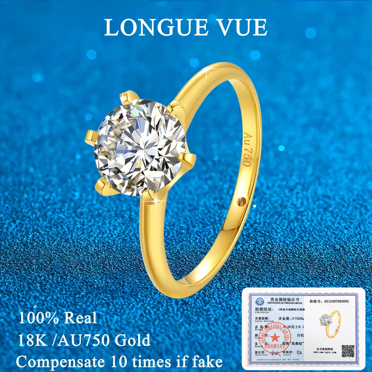 

AU750 18K Yellow Gold Moissanite Rings for Women Classical 6-Prong Setting Handmade Statement Engagement Bride Gift Fine Jewelry