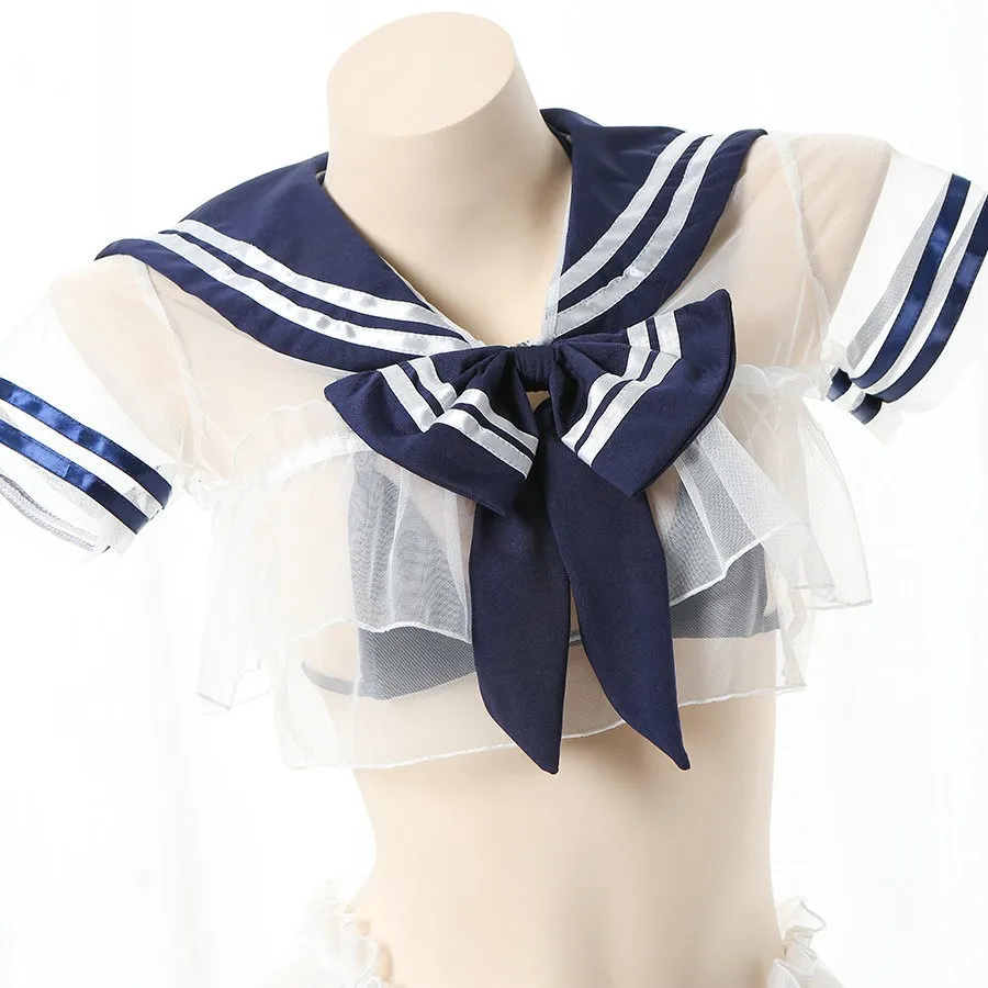 JK Student Sailor Swimstuit Dress Swimwear Unifrom Women Bow Nightdress Pajamas Outfits See Through School Girl Anime Cosplay