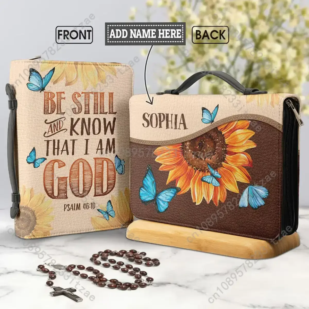 

2024 Women's Personalized Bible Cover Sunflower Butterflies Bible Verse Print Church Bible Bag PU Handbags Holy Storage Boxes