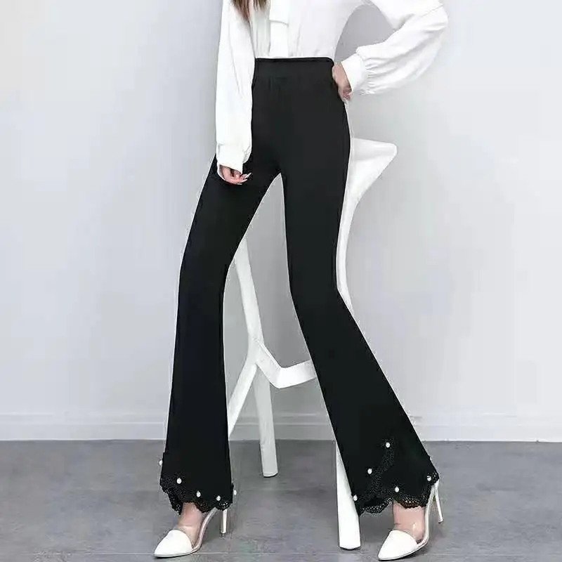 Autumn Korean Fashion High Waist Slim Bright Line Decoration Casual Flare Ladies Simplicity Patchwork Hollow Out Trend Trousers