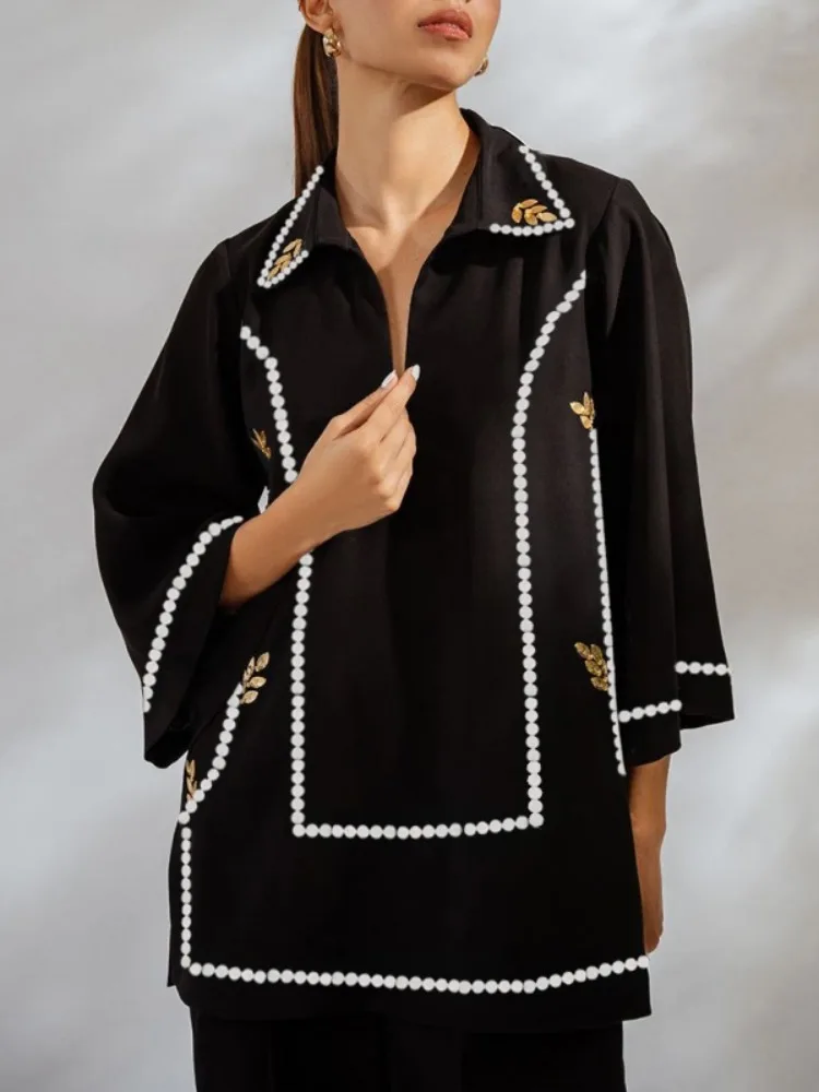 

Beautyblue Elegant V-neck Tops for Women Black Lapel Blouses New Loose Lace Three-quarter Sleeve Casual Female Clothes T-shirts