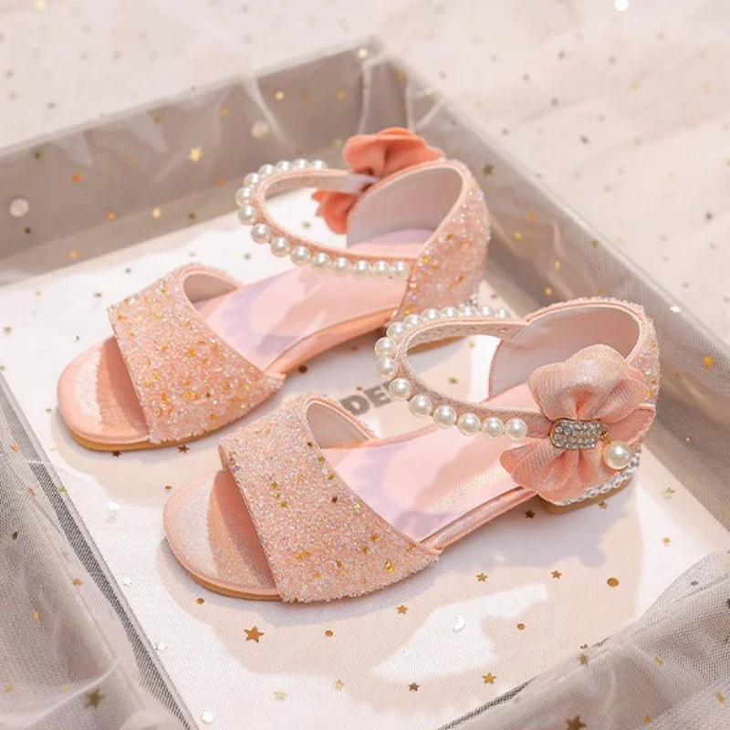 

Children's Sandals Summer Girls' Princess Crystal Shoes 2025 New High Heels For Girls Soft Soled Student White Performance Shoes