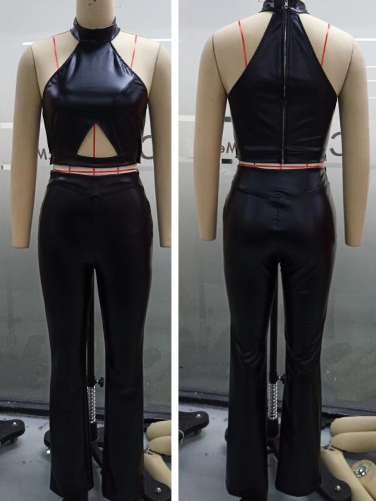 Women PU Leather Cutout Crop Top & Pants Set