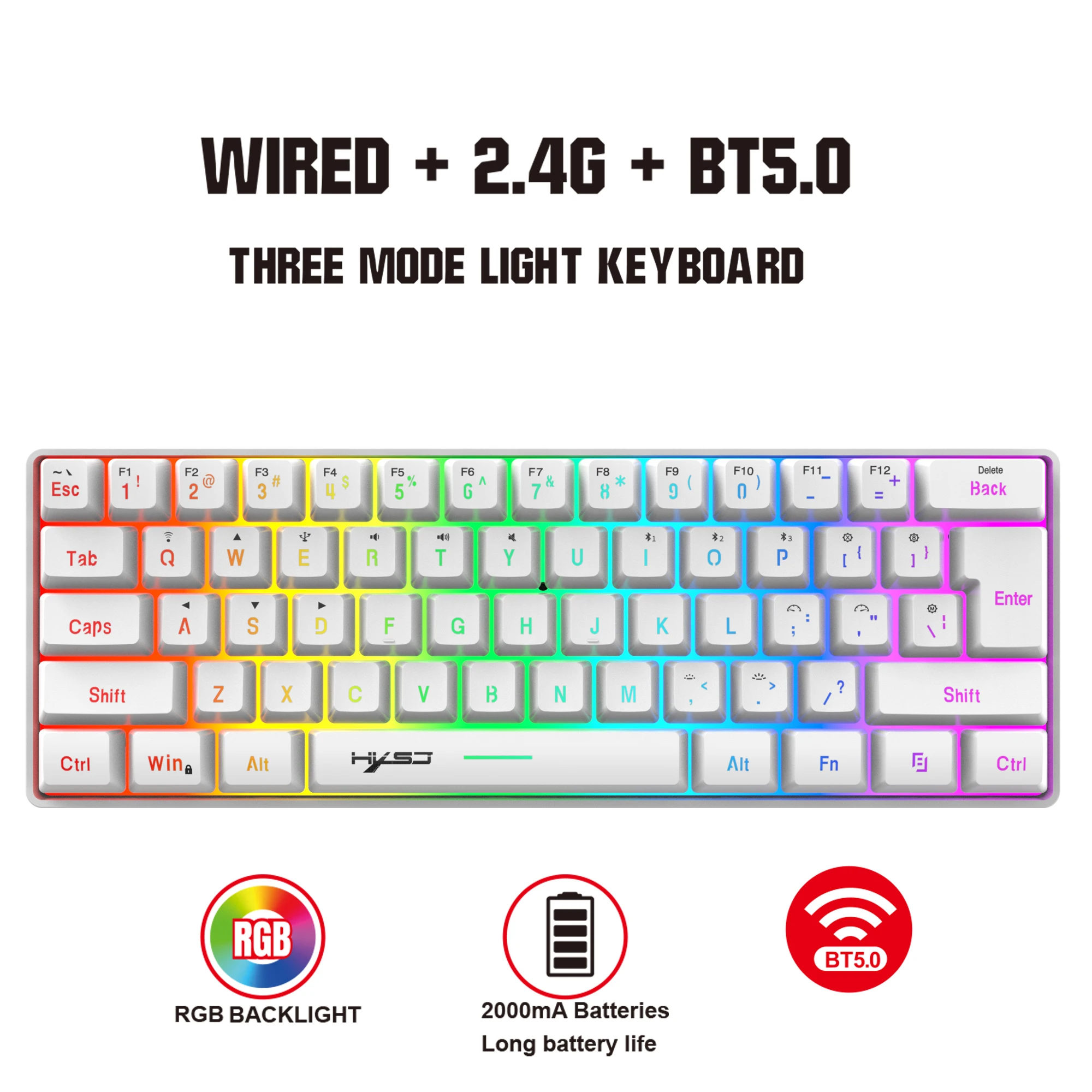 

HXSJ L500 Tri mode wired wireless gaming keyboard 60% RGB backlight mode 61 key membrane keyboard suitable for game players