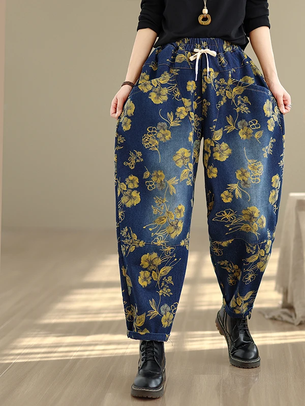 레트로 프린트 루즈핏 대형 사이즈 하란 팬츠 여성 패션 봄 2026 맞춤형 편안한 면 혼방 바지