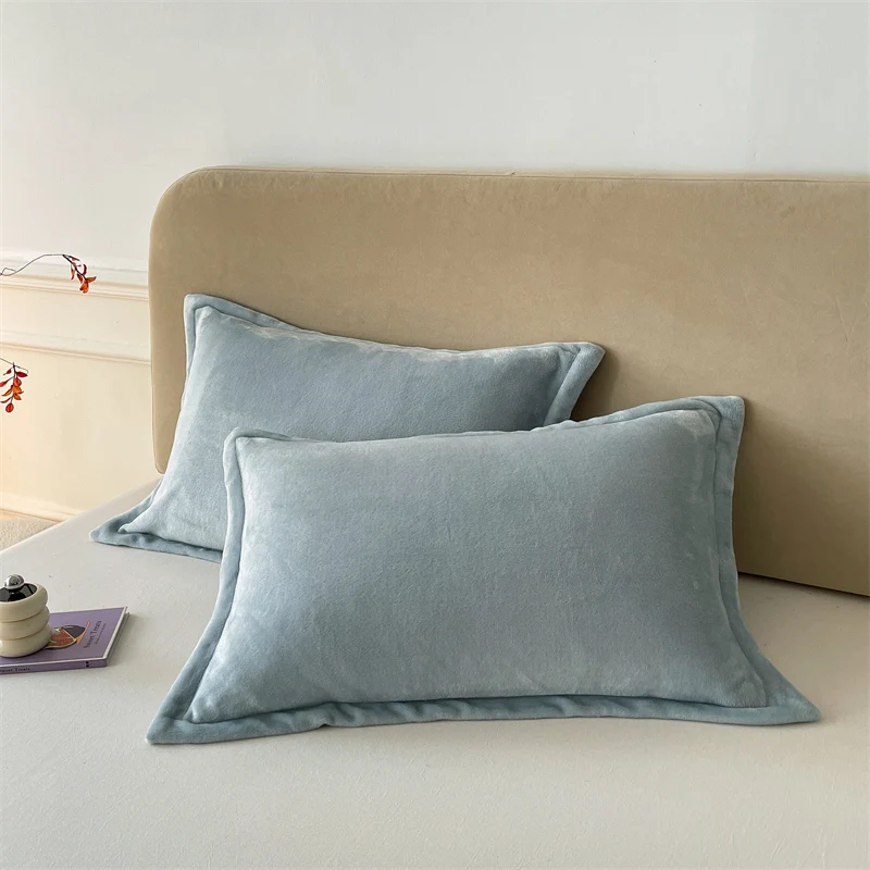 Monochrome Flannel Pillowcase, Plain Blue Fleece Pillowslip Green Pillowcover, Autumn Winter Home Bedding, No Filling, 2 PCs/Lot