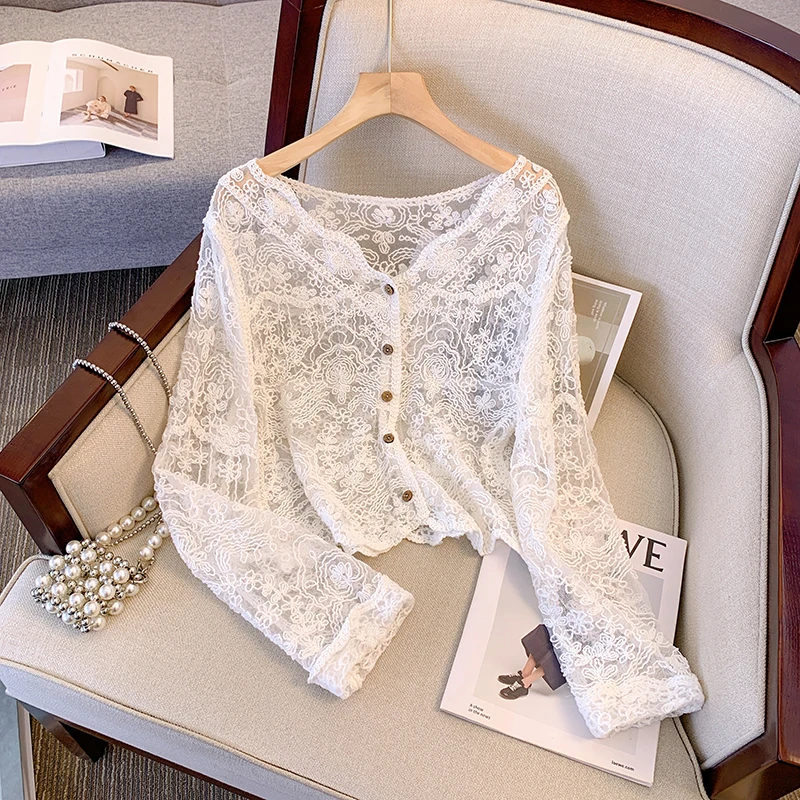 Sheer Crochet Top Long Sleeve Button Front V-Neck Open-knit Embroidery Blouse Women Summer Fairycore Cottagecore Outfit