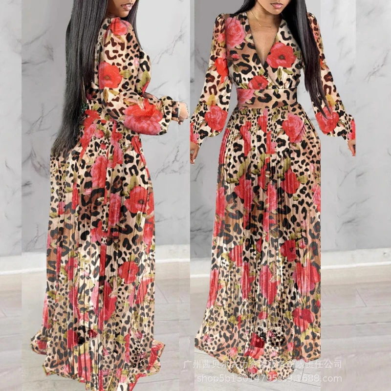 

Long Dress Women Dresses Leopard Print A Line Vestidos V Neck Full Sleeve Elegant Maxi Y2k Temperament High Waist Party Night