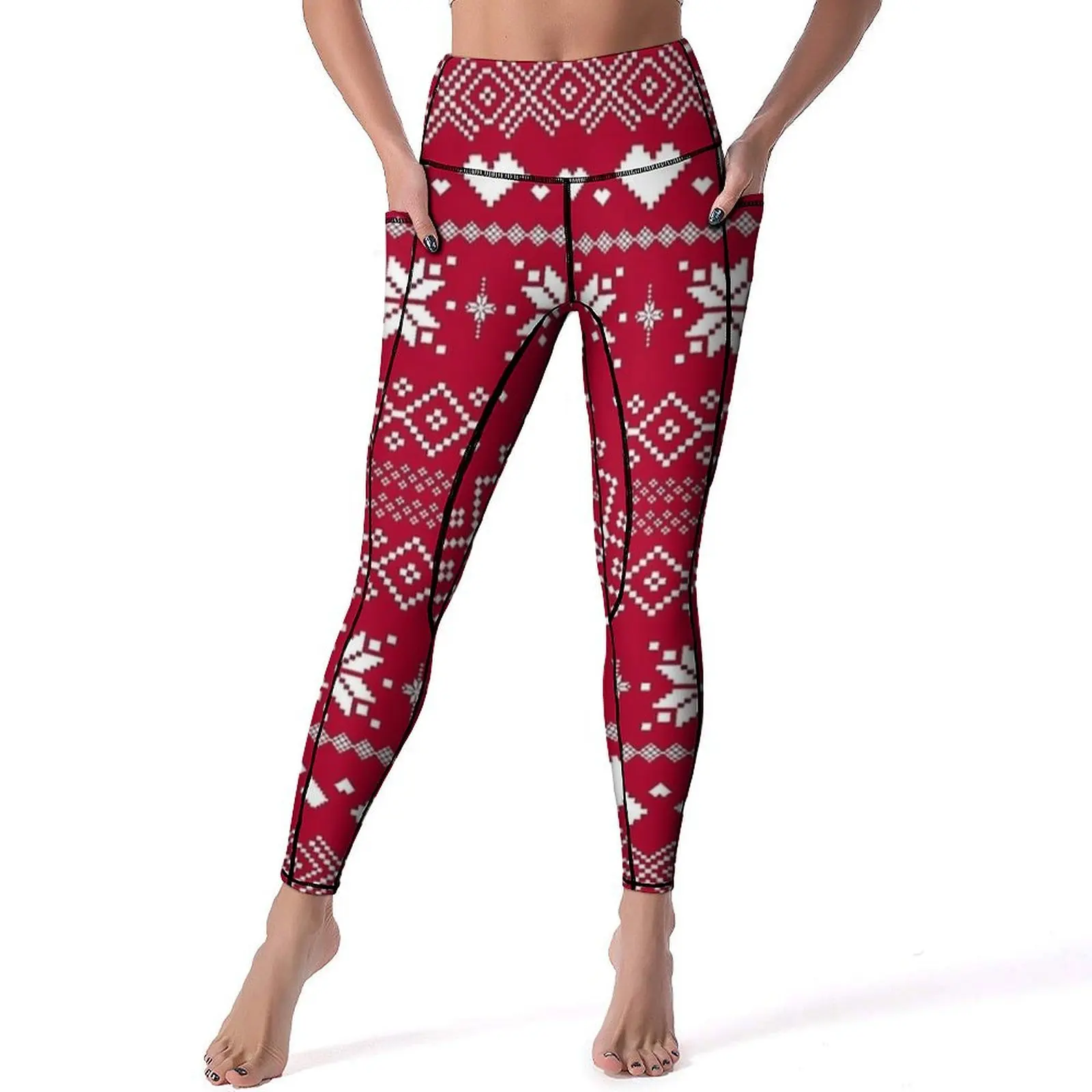 Modern Red And White Christmas Retro Leggings Sexy  High Waist Yoga Pants Kawaii Elastic Leggins Women Graphic Gym Sport Legging