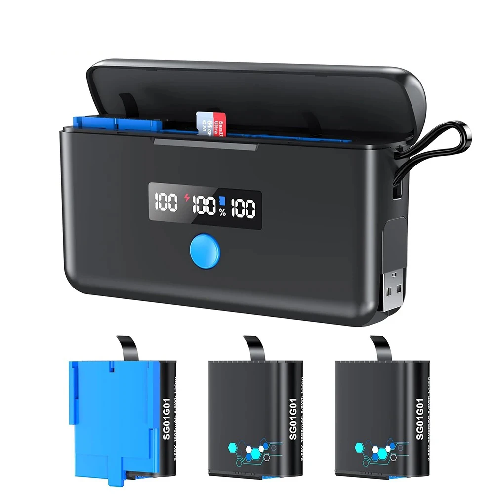 1800mAh Battery for GoPro Hero 8/7/6/5, Charger Include Display Screen and SD Card Reader, Fast Charger for The GoPro Battery