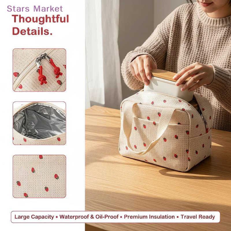 Floral And Plaid Design Vintage Corduroy Insulated Lunch Bag C225