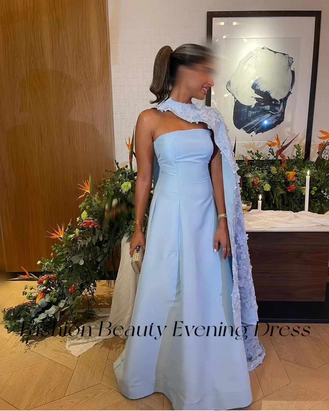 Robe de Rhen satin bleu clair sans bretelles pour femmes, cape brillante à fleurs, robe de soirée formelle, robes de gala éducatives, mode beauté, 2024