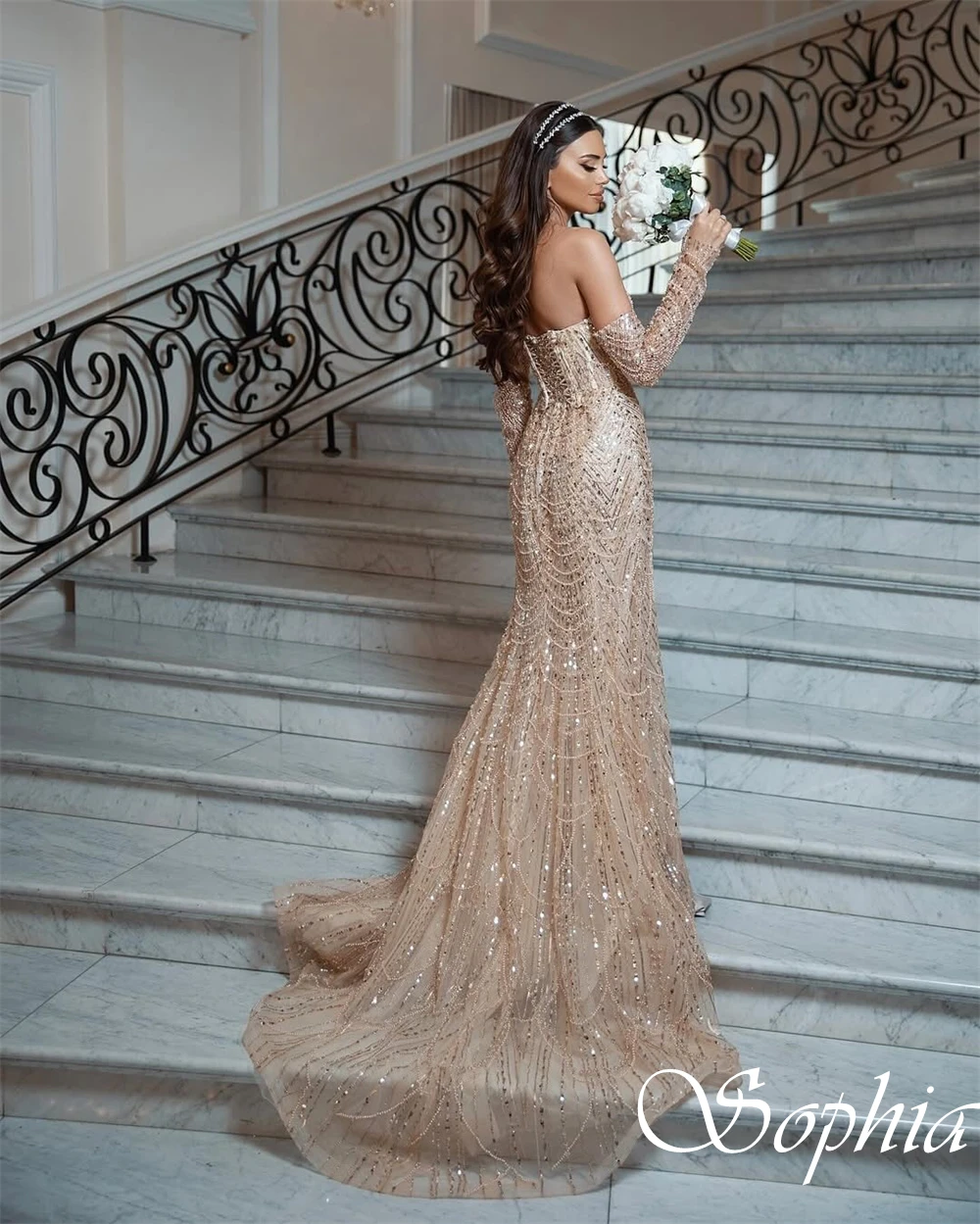 カスタマイズされた恋人取り外し可能なスリーブ絶妙なブライダルドレスマーメイドレースアップバックファッションイブニングドレスキラキラウェディングドレス