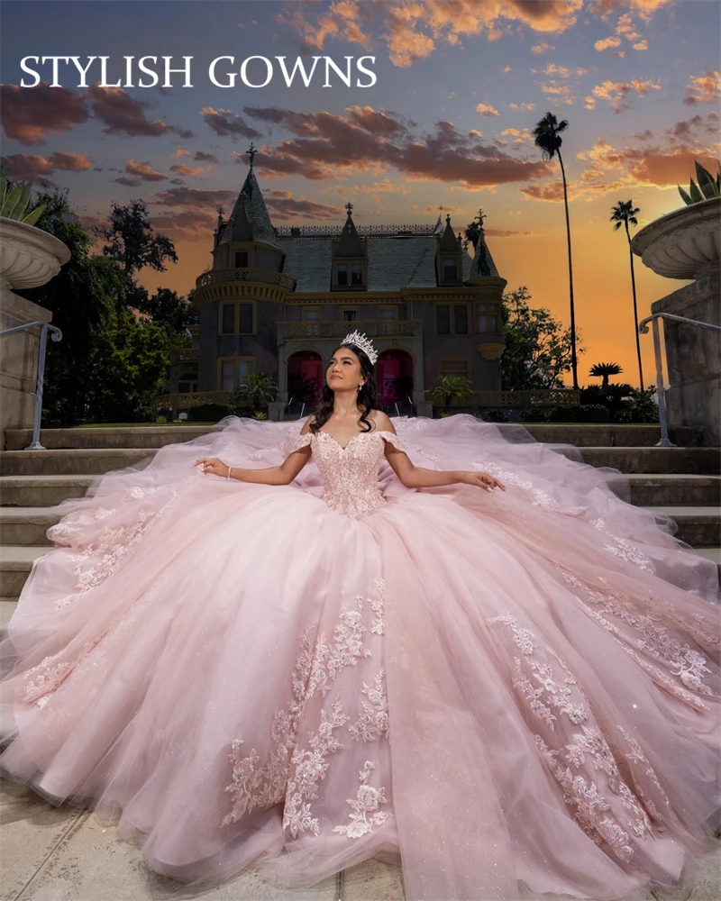 Mexico Pink Off The Shoulder Quinceanera Dresses Ball Gown Bead Appliques Graduation Dress Party Dresses robes de soirée