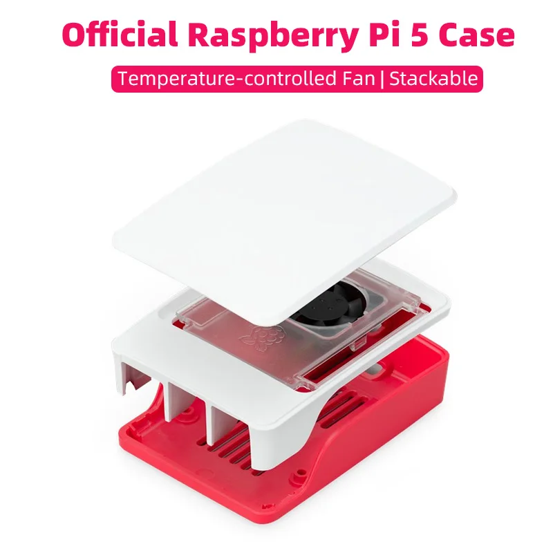 Official Raspberry Pi 5 Case Red White ABS Shell with Temperature Controlled Fan Support Cluster Stacking for RPI 5 Pi5