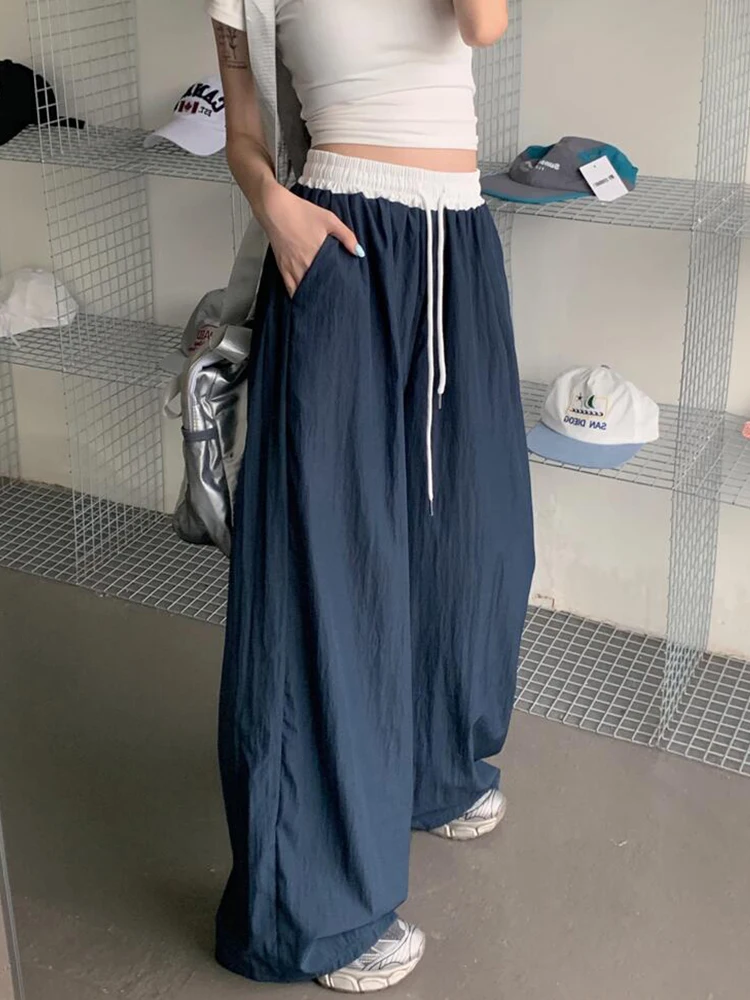 Blue Lazy Style Loose Wide Leg Pants Sports Pants Women Early Spring High Waist Seamed Casual Pants Floor-Length Straight Leg
