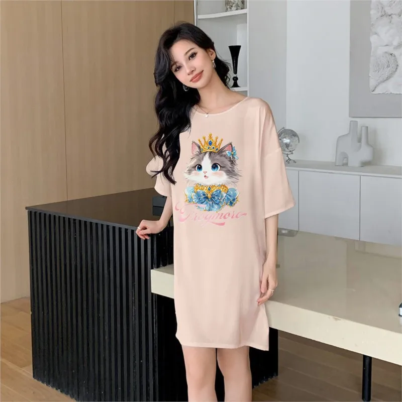 Nuovo stile pigiama da donna stile carino stampa digitale raso chiffon girocollo pullover camicia da notte mini abito pigiama camicia da notte