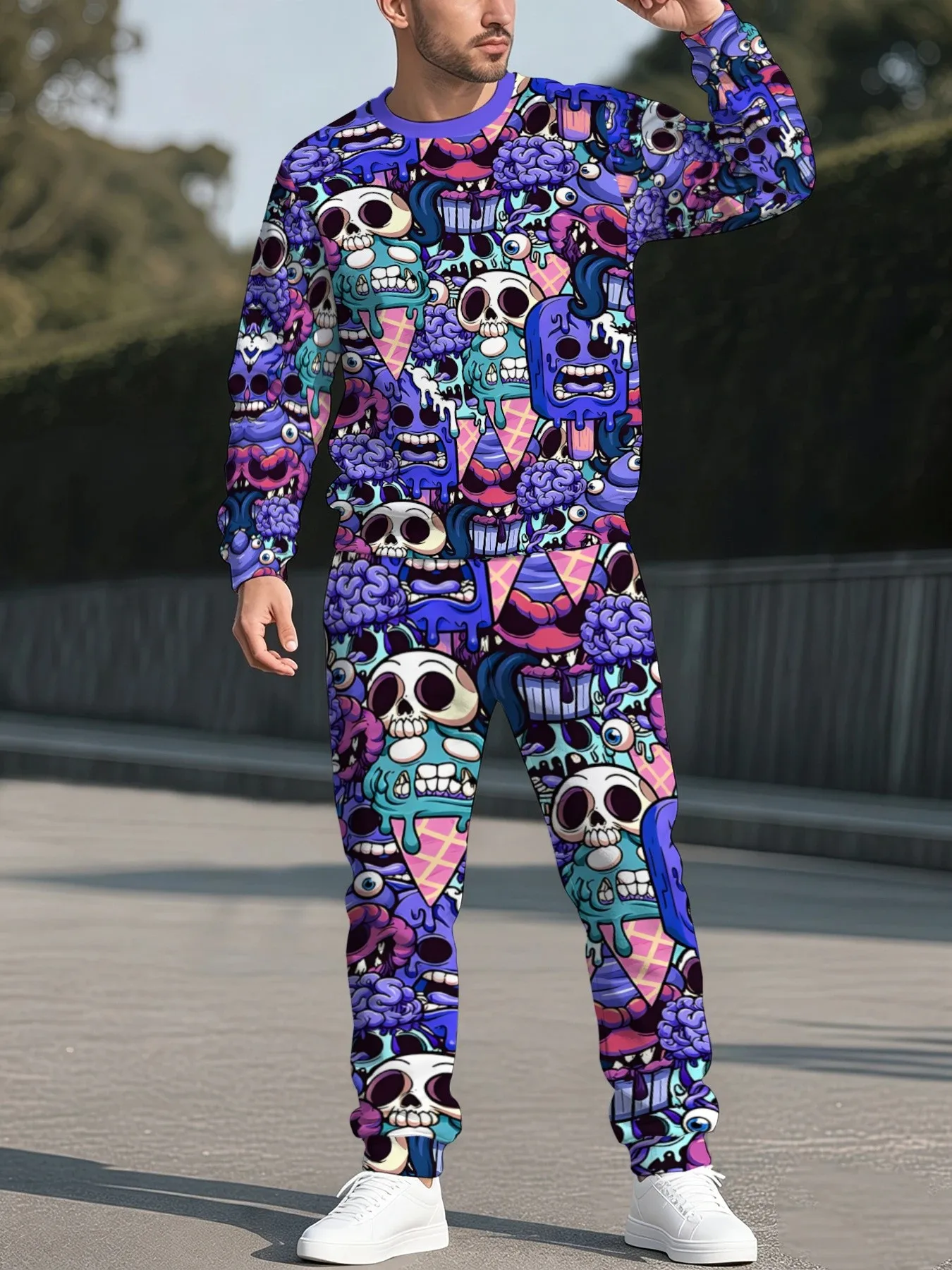 2026 autumn and winter new street sports fashion versatile 3D skeleton pattern printed men's round neck sweater set