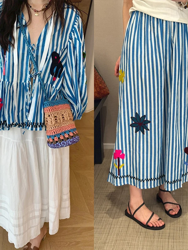 

Nordic Spring Summer New Flower Animal Patch Slim V Neck Belted Shirt Half Skirt Set Women's Fashion Ensemble
