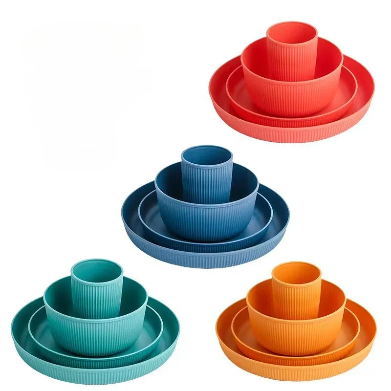 Wheat straw tableware plastic pp meal bowl plate water cup household dish plate set wholesale