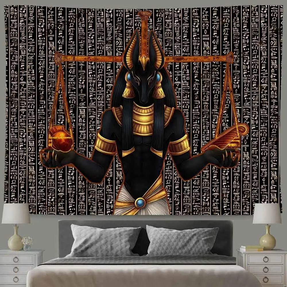 Large Egyptian Pharaoh Deity Tapestry Black Gold Hieroglyphic Boho Wall Hanging Polyester Decoration for Living Room Home Decor
