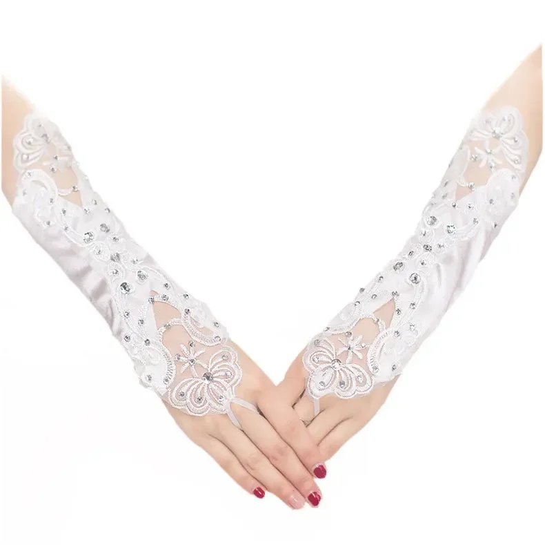 

White Ivory Long Lace Beaded Fingerless Bridal Gloves Satin Flower Wedding Gloves for Bride Women Wedding Accessories