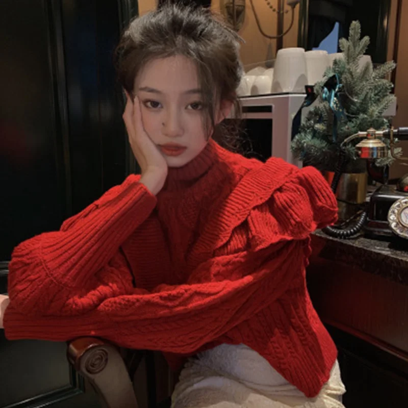 

Women's Fashion New Style Ruffle Loose Versatile Red High Collar Sweater Bishop Sleeve Comfortable Temperament Autumn Blouse