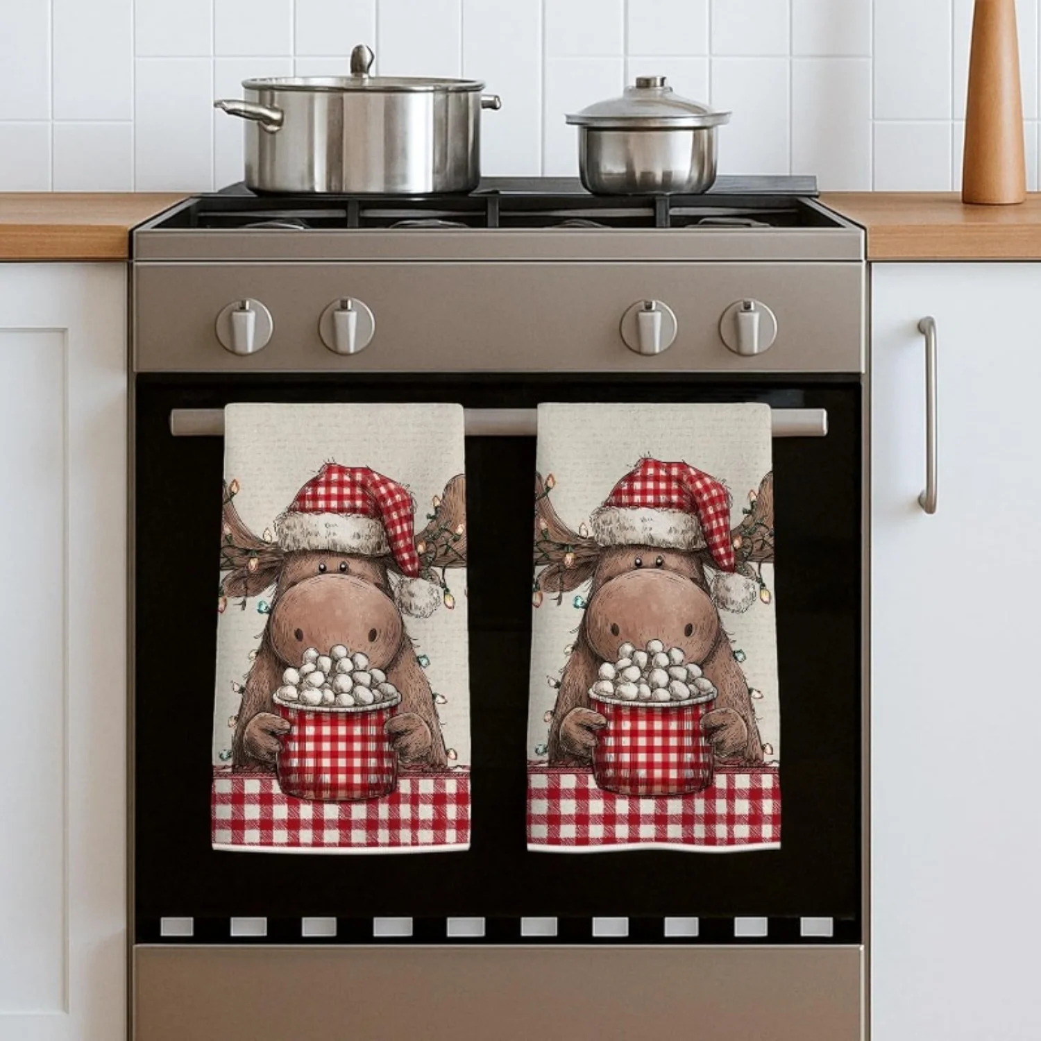 2pcs Kitchen Towels with Moose & Snowball Design - Red & White Checkered Holiday Dishcloths, Quick-Dry