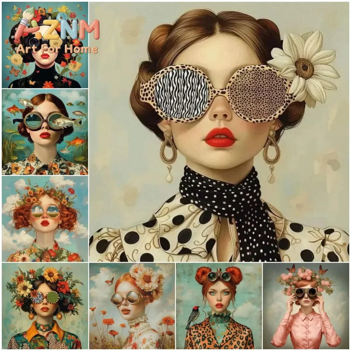 Glasses Woman With Flowers Nordic Boho Wall Art Canvas Painting Butterfly With Girl Portrait Poster For Living Room Home Decor