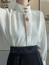 Chinese Style Shirts Women Retro High Street Chic Spring Long Sleeved Floral Embroidery Design Party Ladies Tops Classic Casual