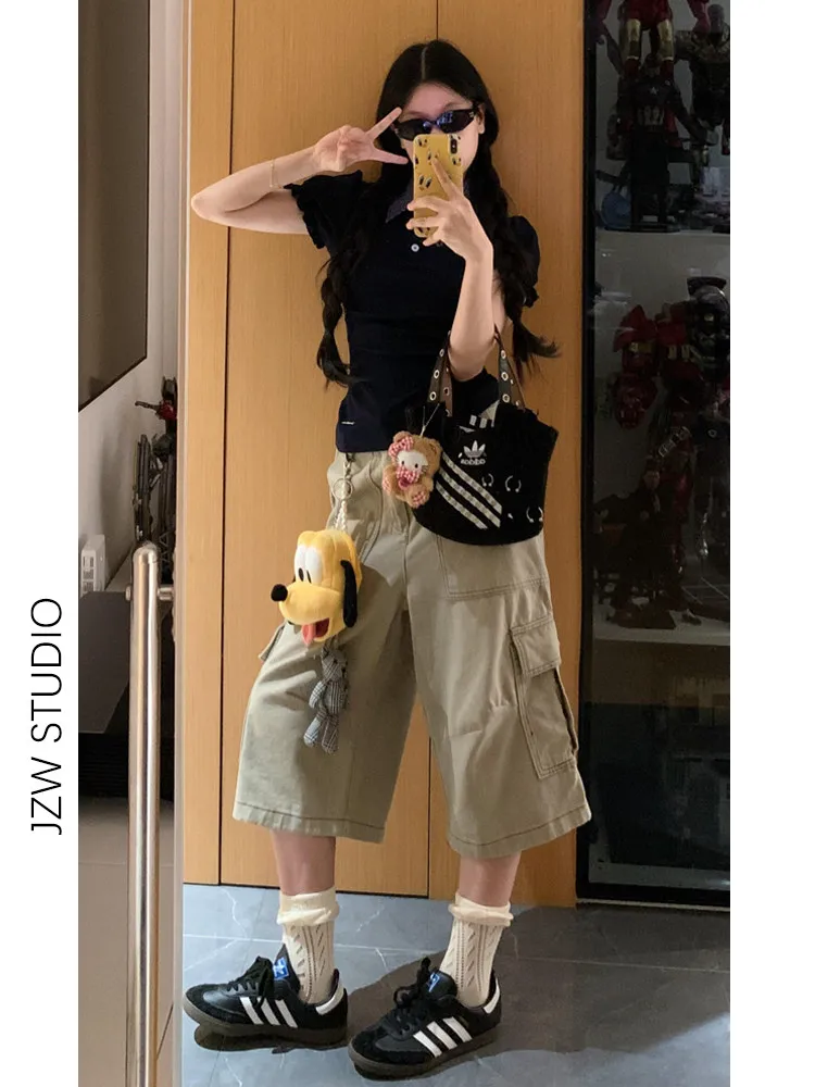 

Khaki Workwear Wide Leg Pants Women's Loose Fit Summer New Style Seven-Foot Trousers Slimming Straight-Cut Jeans