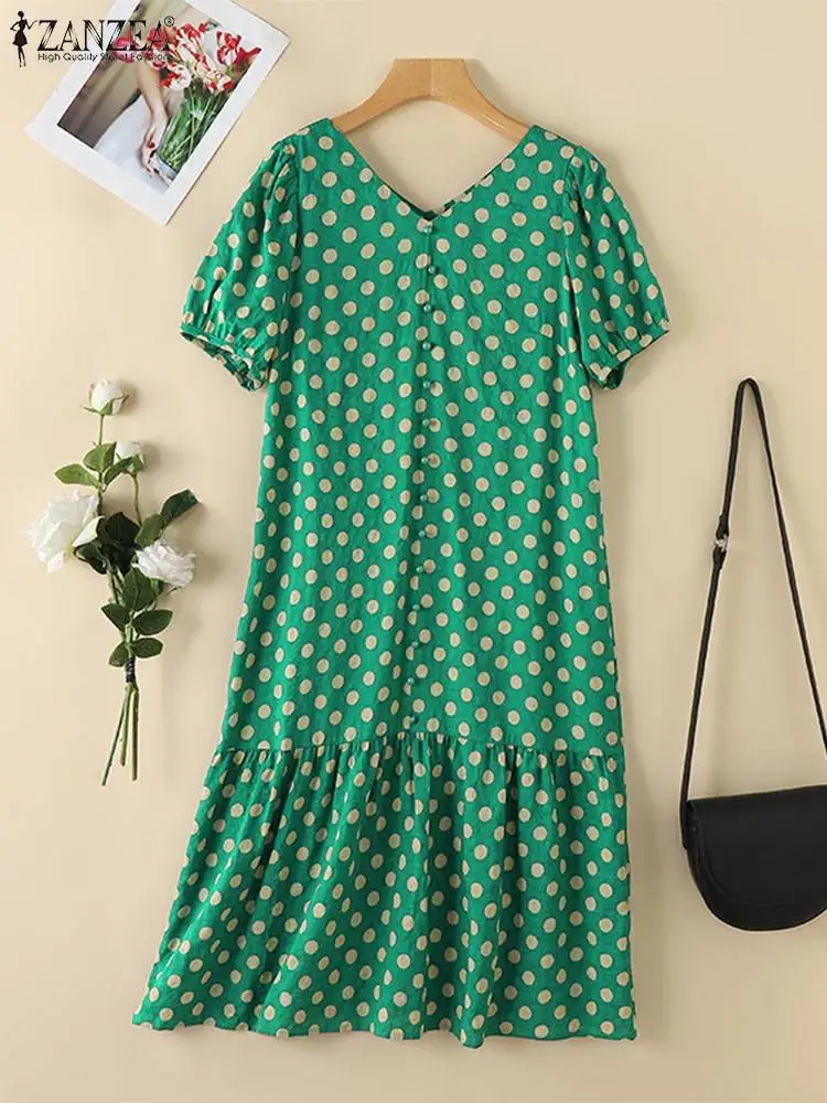 Zanzea feriado babados vestido de festa vintage bolinhas verão vestido de verão feminino com decote em v midi vestido senhora manga curta puff botão robe