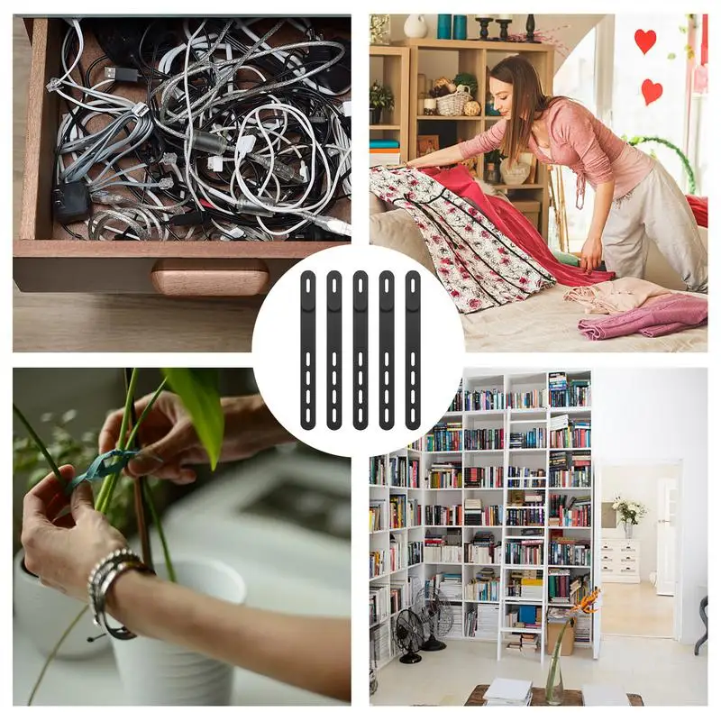 再利用可能なシリコンジップバンドバンドバンドル、ケーブルタイ、トラベルケーブルオーガナイザー、4つの調整可能な穴ストラップ、zipバンドル包帯、15cm、5個
