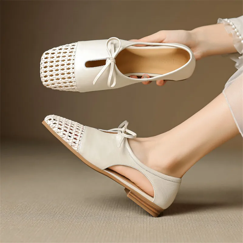 

New Cow Leather Summer Sandals Women Shoes Square Toe Sandals for Women Fashion Hollow Out Cover Toe Sandals Handmade Low Heels