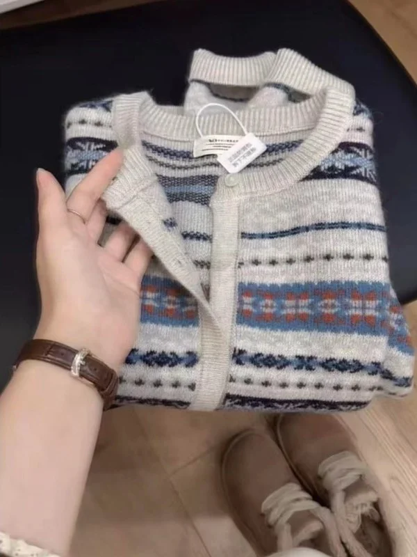 

Вязаный свитер в полоску в стиле ретро Fair Isle, женский свободный крой, осенне-зимний модный открытый кардиган небольшого размера, теплый топ