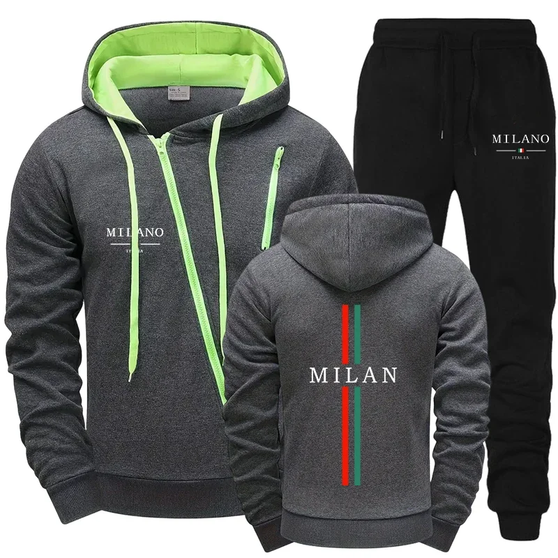 

Hot Sales Quality Autumn Winter Hoodie Comfort Single Sweatshirts Top Pants Men's Versatile Diagonal Zipper Jacket Casual Sports