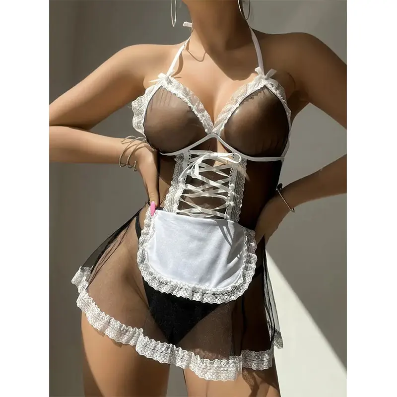 Cosplay Maid Short Skirt Sexy Crotchless Lingerie Exotic Erotic Costume Adult Role Play Uniform Transparent Sex Babydoll Dress