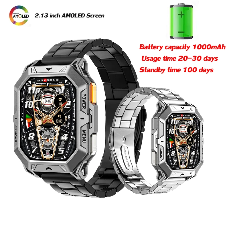 

Спортивные умные часы, большая батарея 1000 мАч, 2,13-дюймовый AMOLED-экран HD, 100-дневный режим ожидания, водонепроницаемость 1 АТМ, барометрическая высота, компас