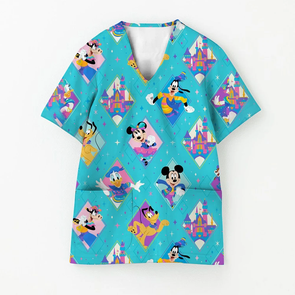 ديزني العلامة التجارية الكرتون طباعة الزي الطبي امرأة الموضة الخامس الرقبة جيب الرعاية الصحية فرك الترفيه طبيب الأسنان موحدة ممرضة امرأة #1