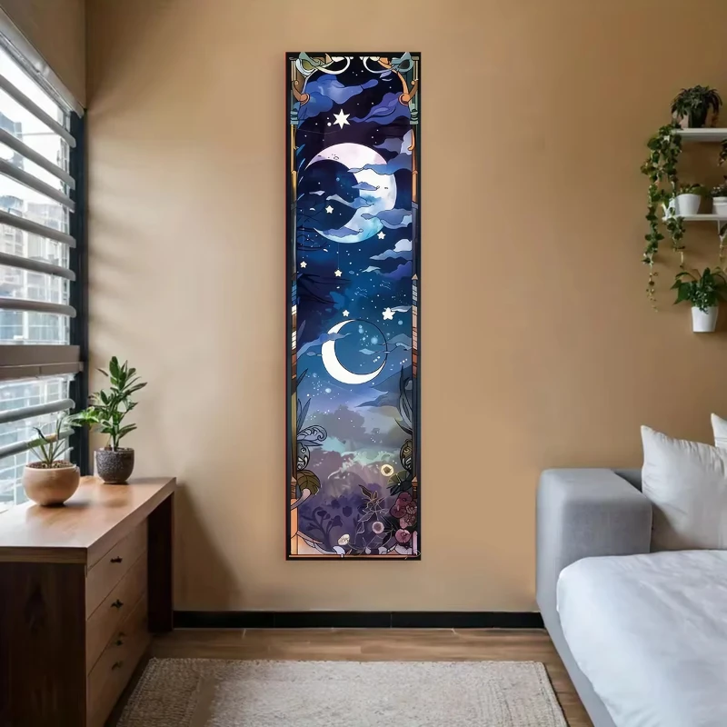 VIKAMA Moon Star Floral Stained Glass Vertical Tapestry Bohemian Mystic Nature Wall Hanging for Bedroom Living Room Home Decor