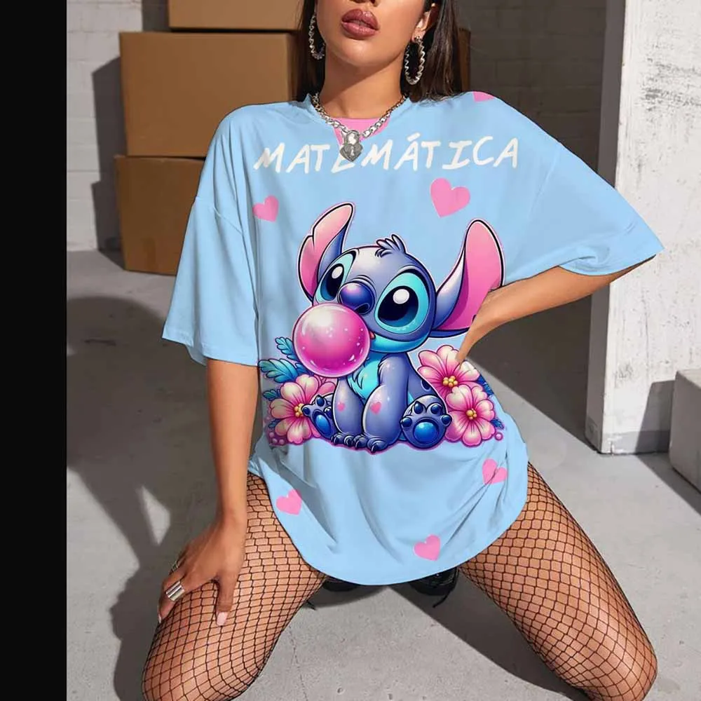 

Disney Kawaii Cartoon Happy Stitch Heart Kiss Women Tops 2025 Summer Plus Size T-shirts 3D Shirt Hippie Tee Woman Clothes