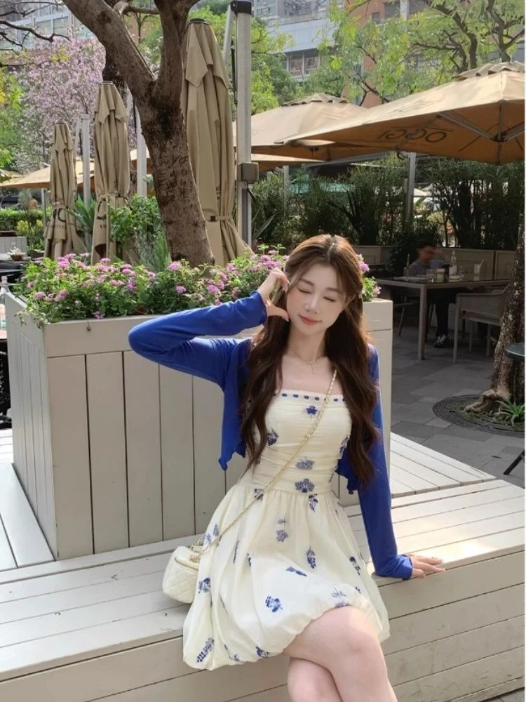 

Женское платье-комбинация в французском стиле с цветочным принтом, приталенный кардиган, юбка-баллон, летний комплект 2026