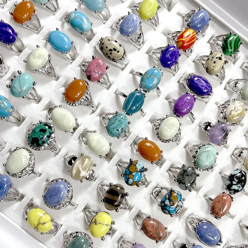 100 Pieces /Lot Mixed Colored Stones Turquoise Silver Plated Ring For Ladies Girls Women\'s Wedding Jewelry Wholesale Lots NO4211