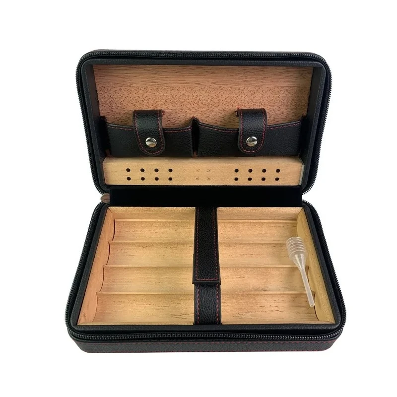 Portable Leather Cigar Humidor 4-Finger Travel Cigar Case with Cedar Wood Lining