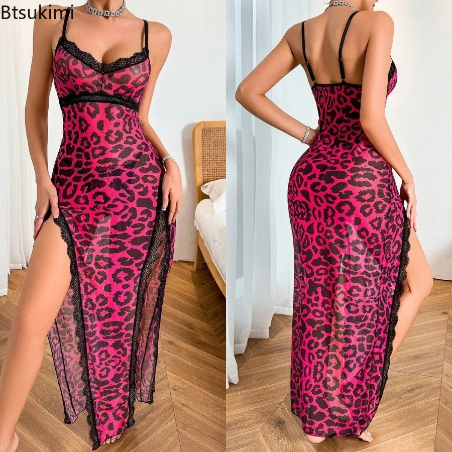 2025 Women's Summer Sexy Leopard Print Nightgown Satin V-Neck Lace Trim Dress Hight Side Slit Contrast Lace Nightgown for Women
